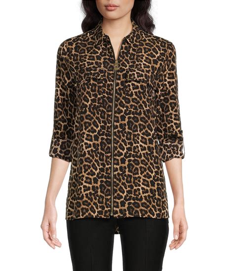 michael kors leopard blouse with front zipper|Michael Kors Leopard Front Zip Blouse.